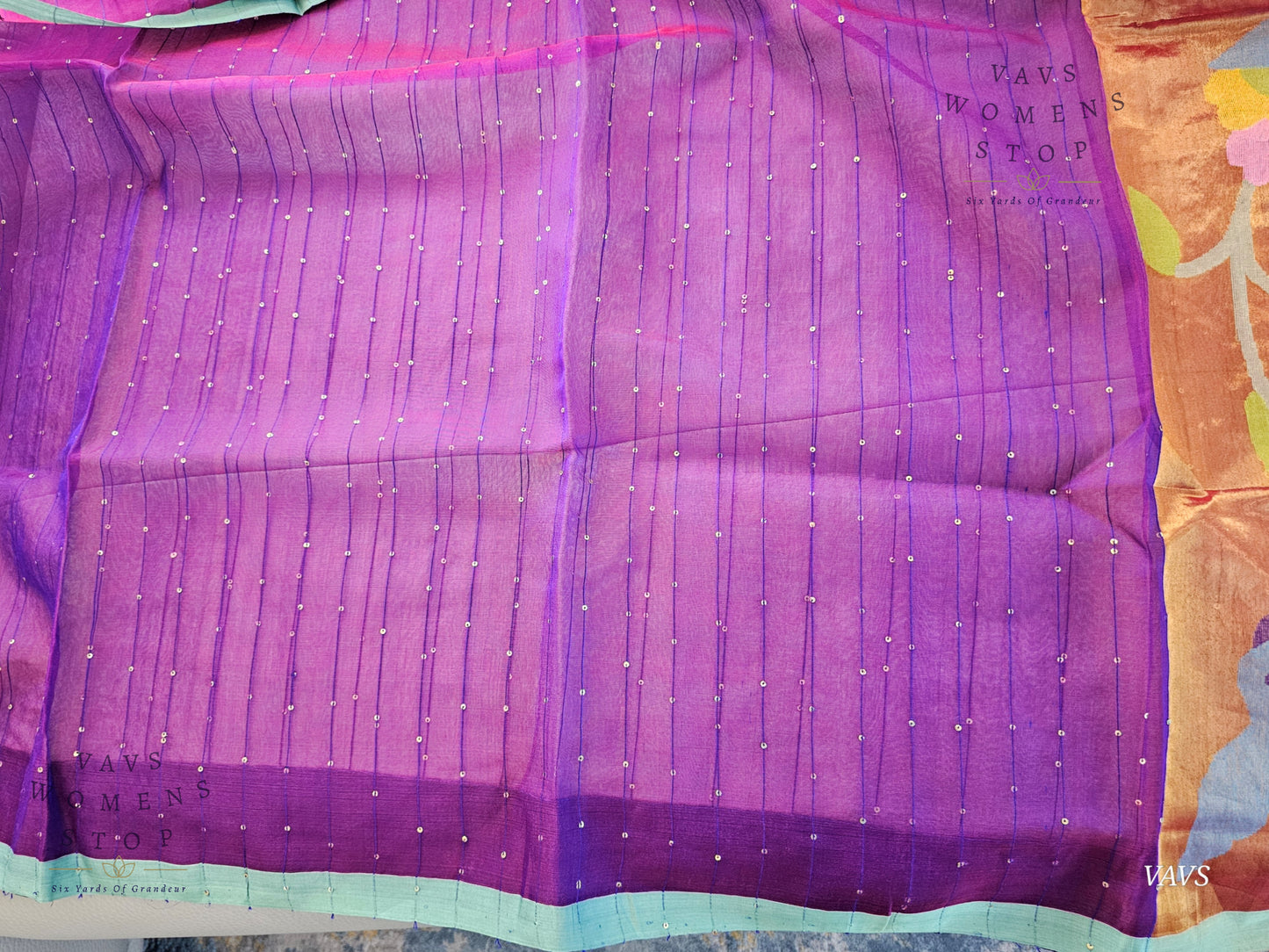 Purple Shade Pure Muslin Silk Saree with Sequins Work & Paithani Pallu
