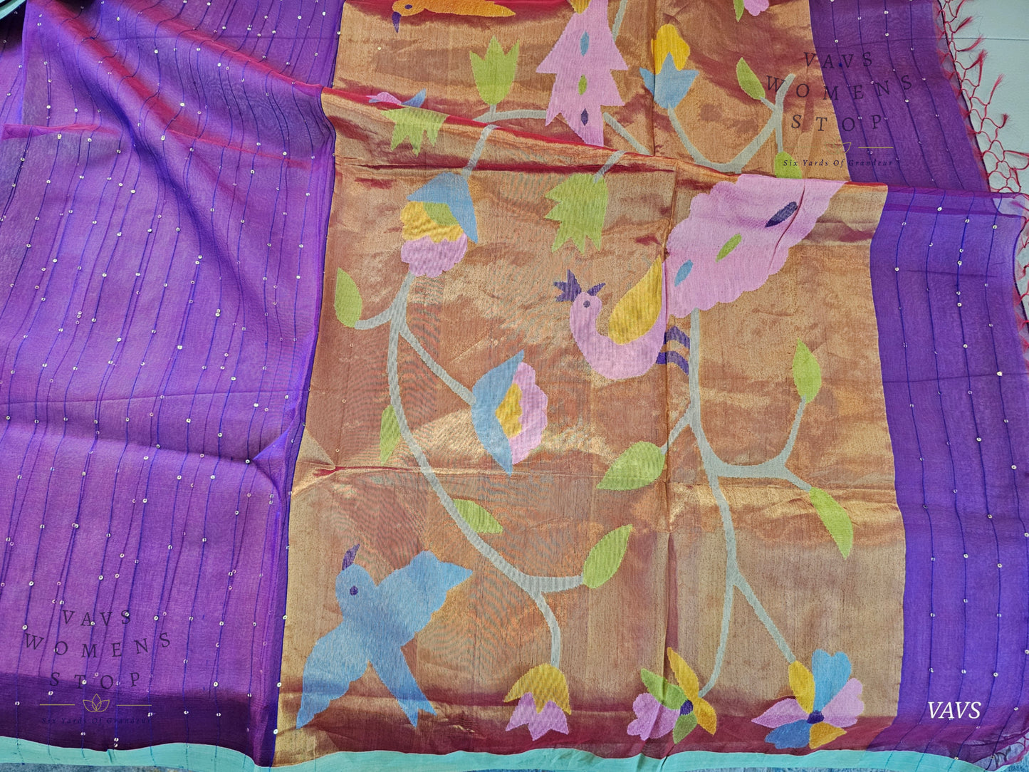Purple Shade Pure Muslin Silk Saree with Sequins Work & Paithani Pallu