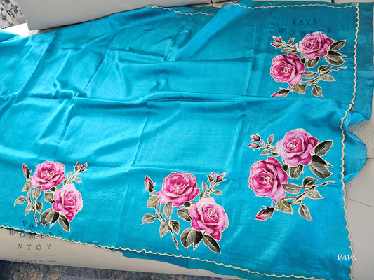 Blue Shade Mangalagiri Handloom Silk Cotton Saree with Appliqué Work & Blouse Piece – Ready to Ship USA –  Women’s Stop