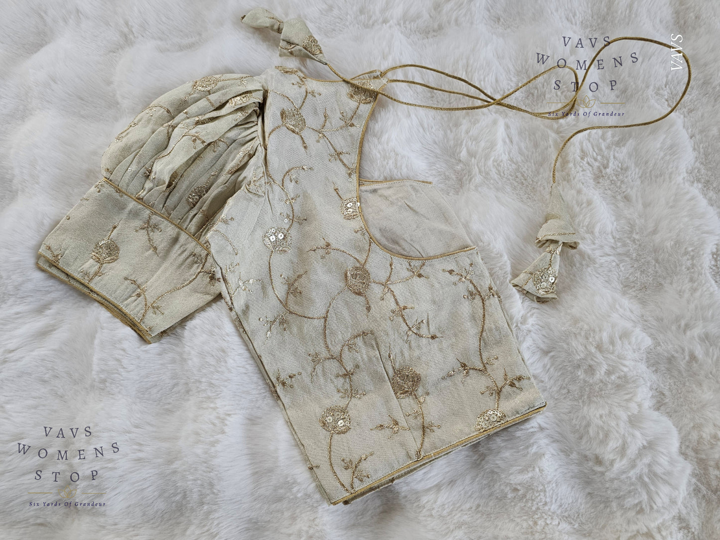 Light Gold Shade Crushed Silk Puff Sleeves Embroidered Blouse