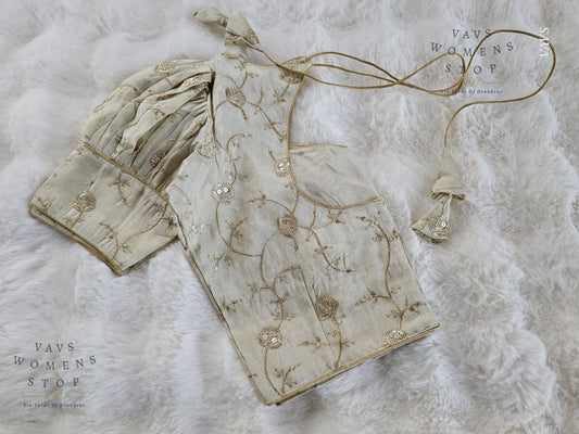 Light Gold Shade Crushed Silk Puff Sleeves Embroidered Blouse