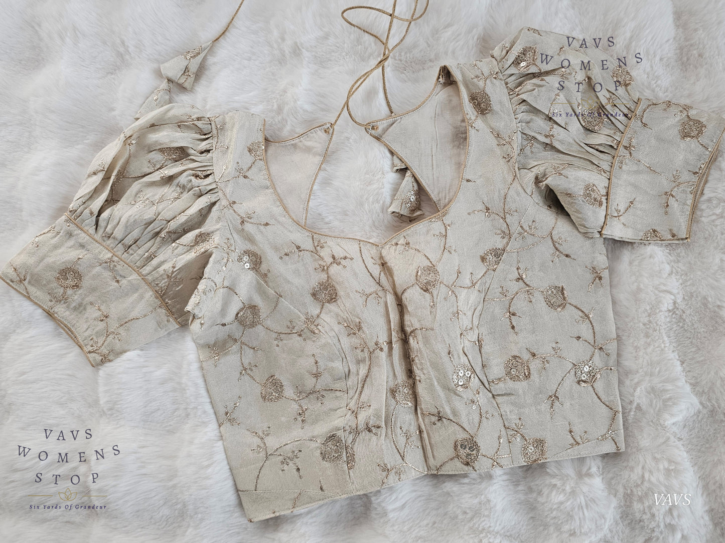 Light Gold Shade Crushed Silk Puff Sleeves Embroidered Blouse