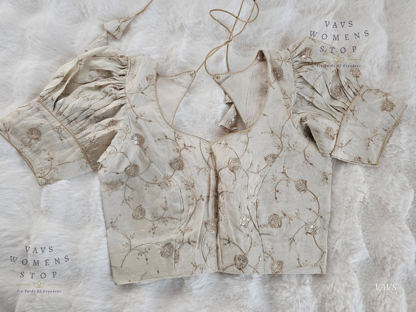 Light Gold Shade Crushed Silk Puff Sleeves Embroidered Blouse