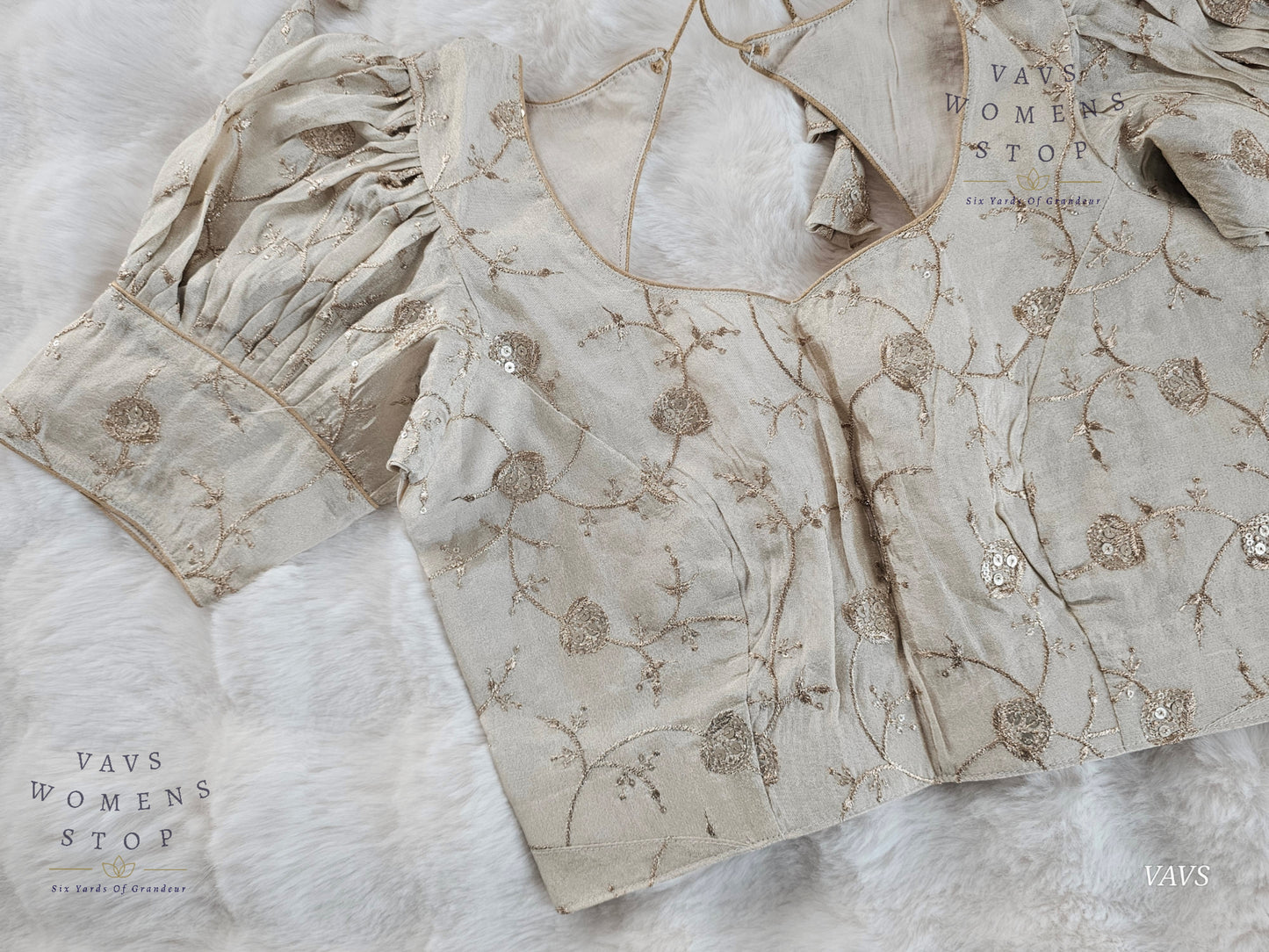 Light Gold Shade Crushed Silk Puff Sleeves Embroidered Blouse