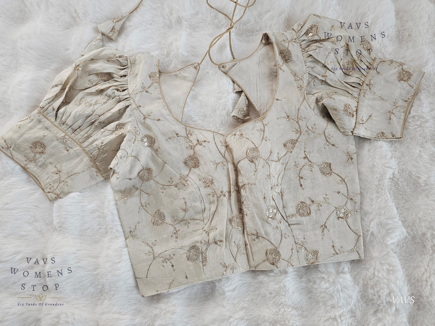 Light Gold Shade Crushed Silk Puff Sleeves Embroidered Blouse