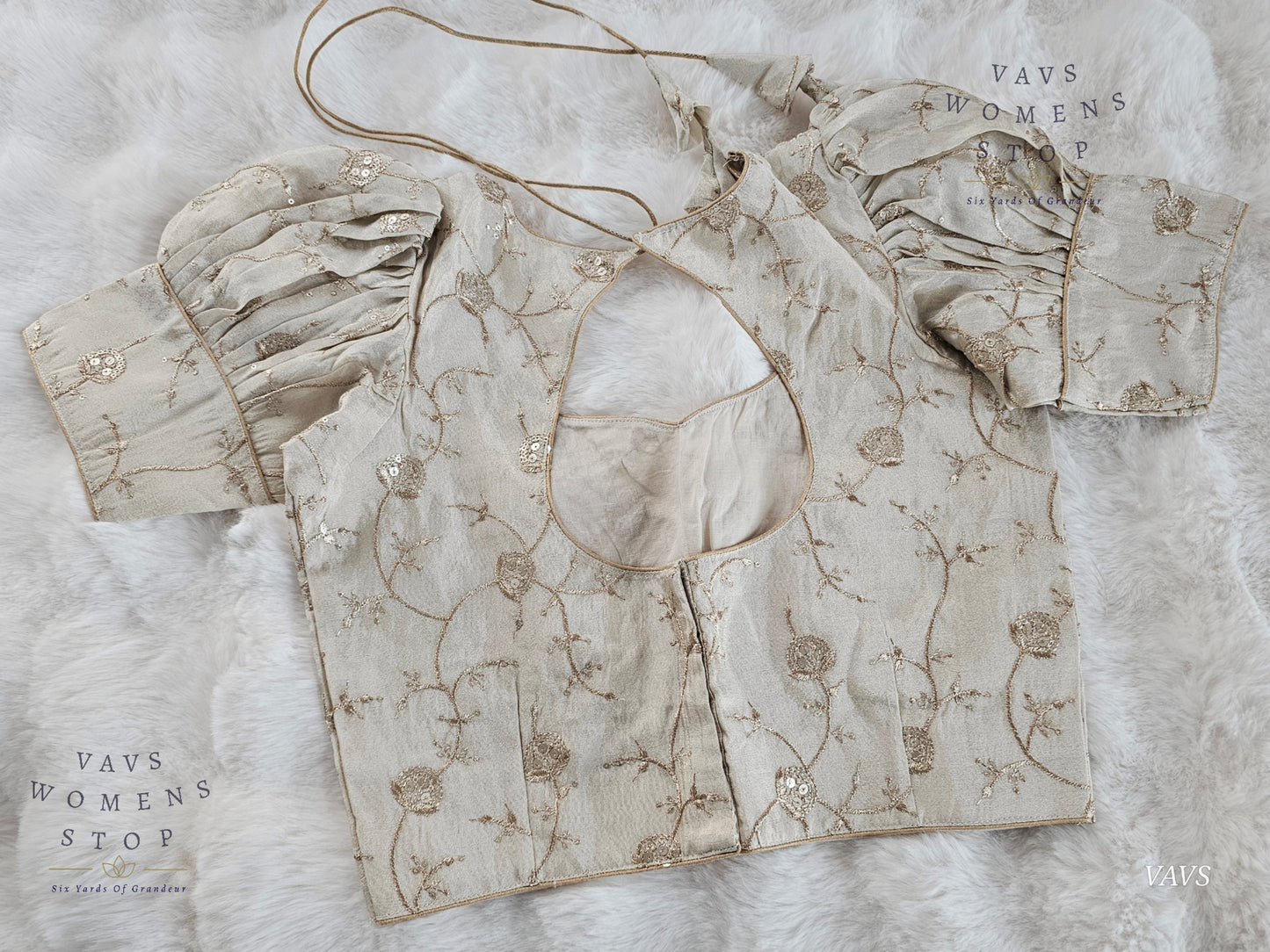 Light Gold Shade Crushed Silk Puff Sleeves Embroidered Blouse