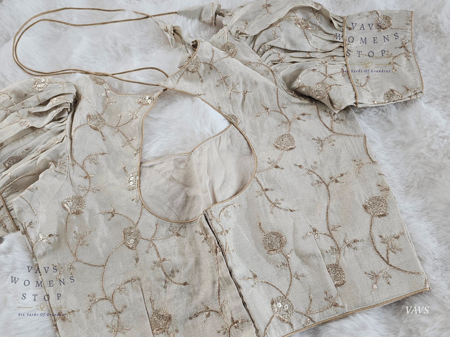 Light Gold Shade Crushed Silk Puff Sleeves Embroidered Blouse