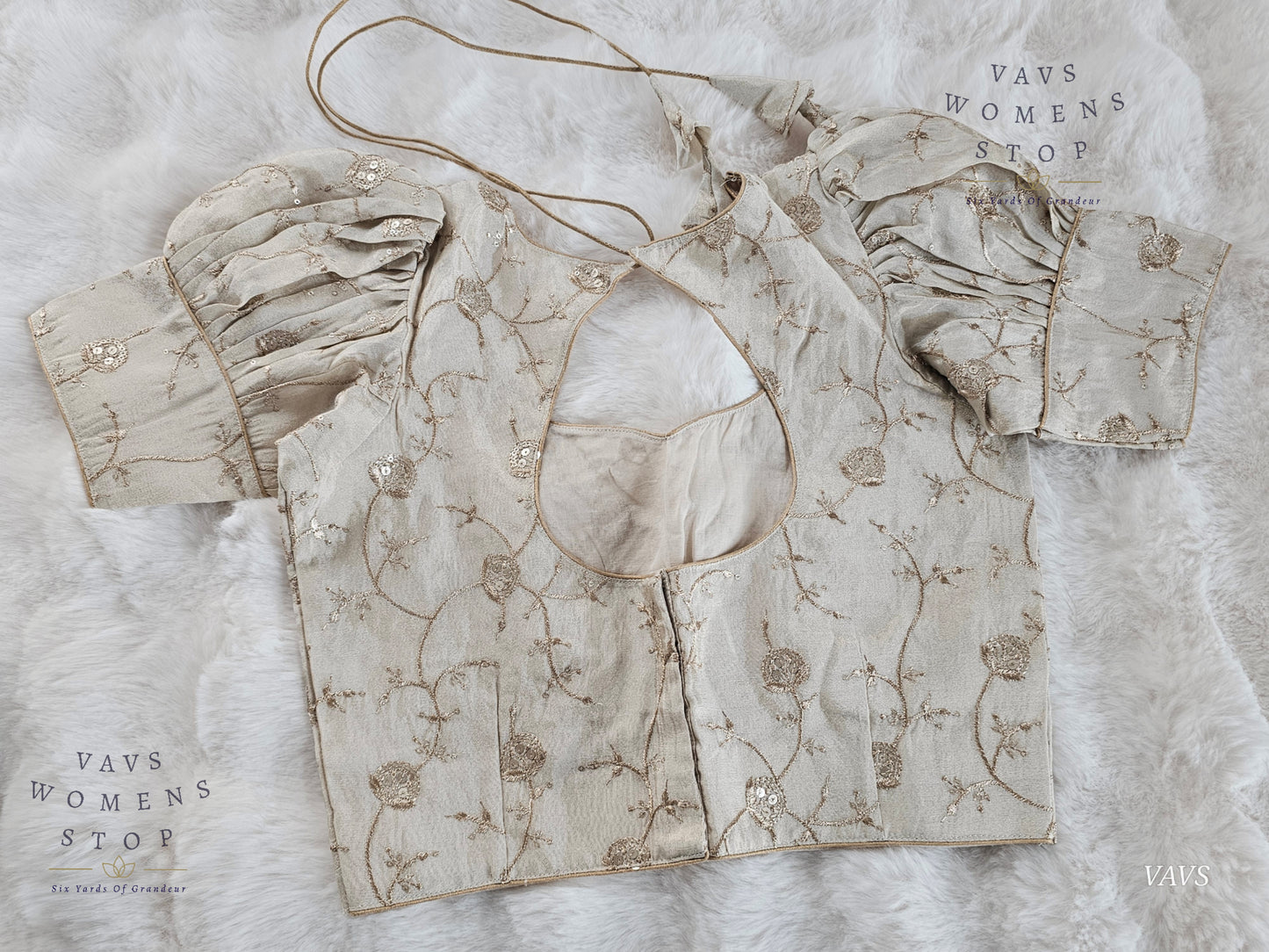Light Gold Shade Crushed Silk Puff Sleeves Embroidered Blouse