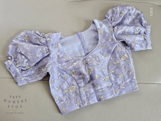 Lilac Shade Crushed Silk Puff Sleeves Embroidered Blouse