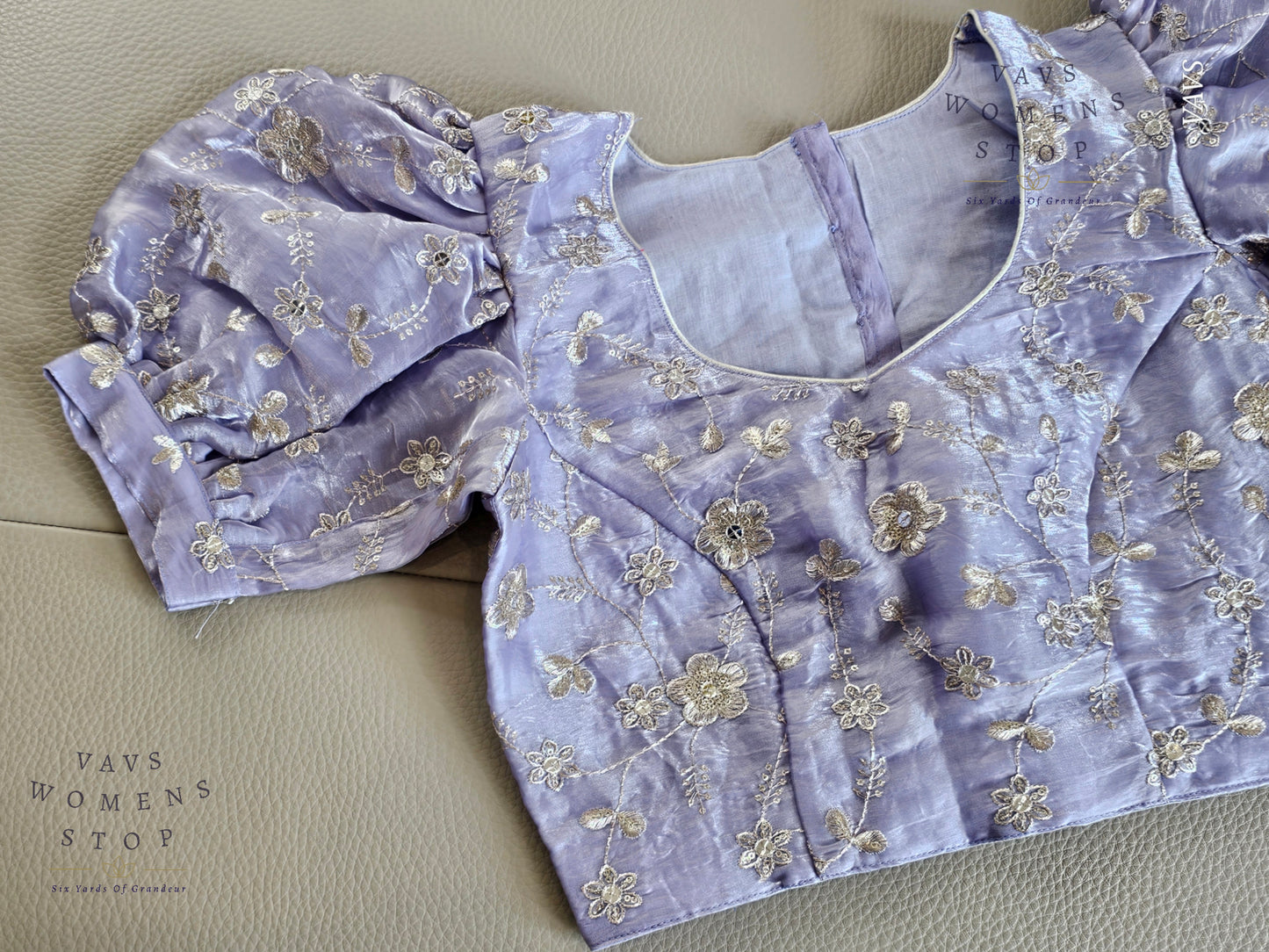 Lilac Shade Crushed Silk Puff Sleeves Embroidered Blouse