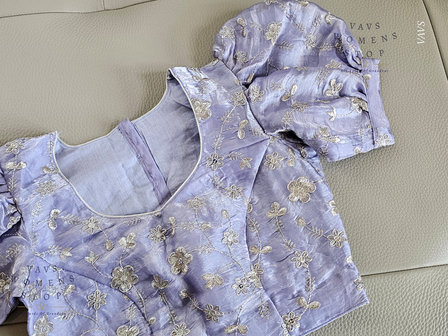 Lilac Shade Crushed Silk Puff Sleeves Embroidered Blouse