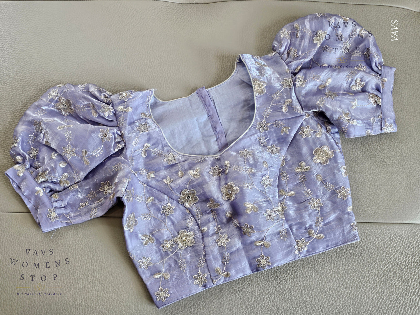 Lilac Shade Crushed Silk Puff Sleeves Embroidered Blouse