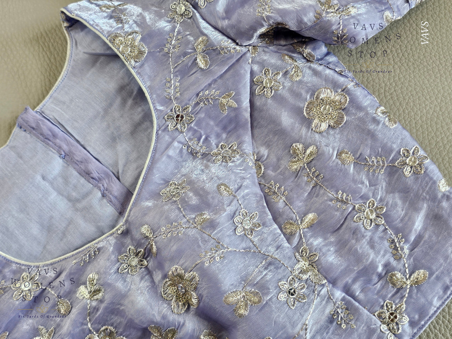 Lilac Shade Crushed Silk Puff Sleeves Embroidered Blouse