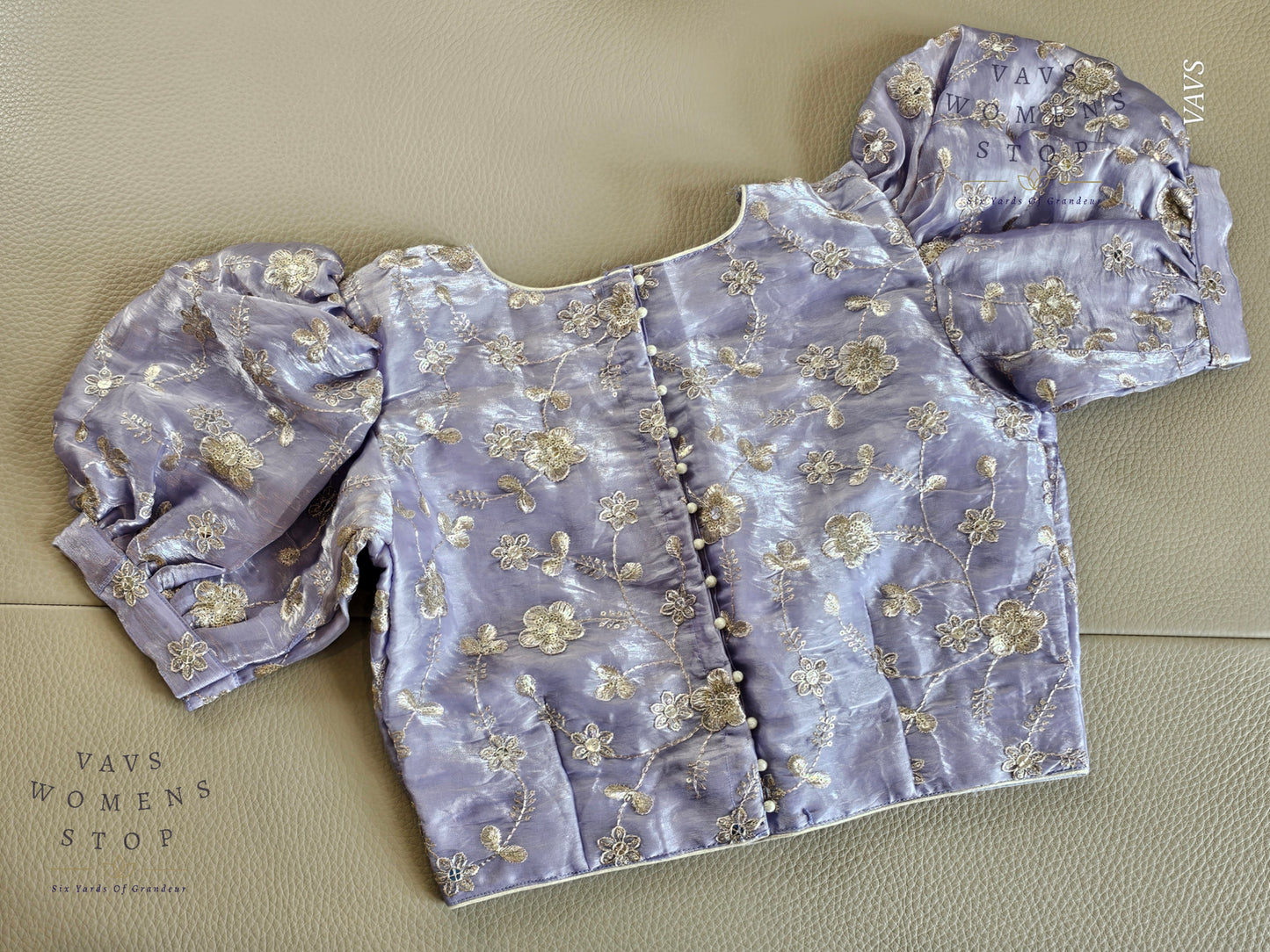 Lilac Shade Crushed Silk Puff Sleeves Embroidered Blouse