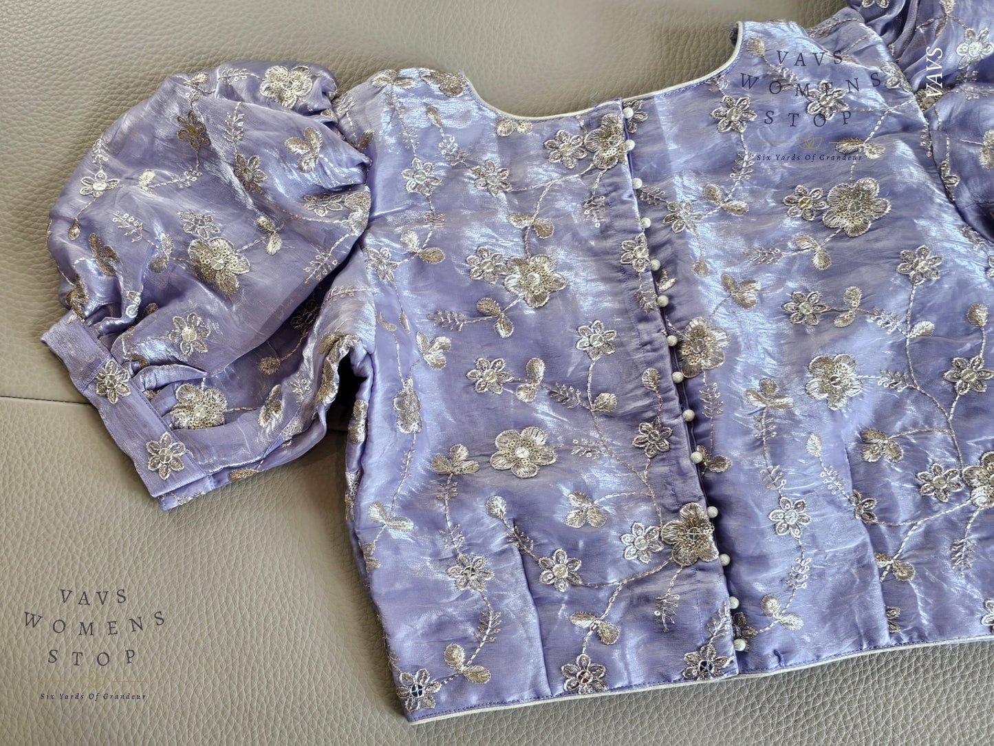 Lilac Shade Crushed Silk Puff Sleeves Embroidered Blouse