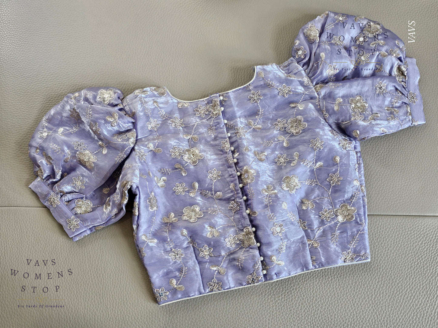 Lilac Shade Crushed Silk Puff Sleeves Embroidered Blouse