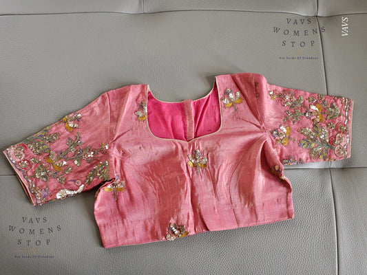 Exclusive Designer Pink Shade Blouse with Sequins & Peacock Sleeve Embroidery