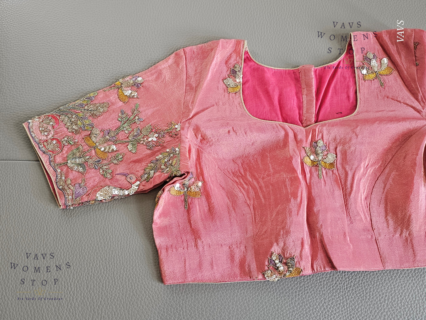Exclusive Designer Pink Shade Blouse with Sequins & Peacock Sleeve Embroidery
