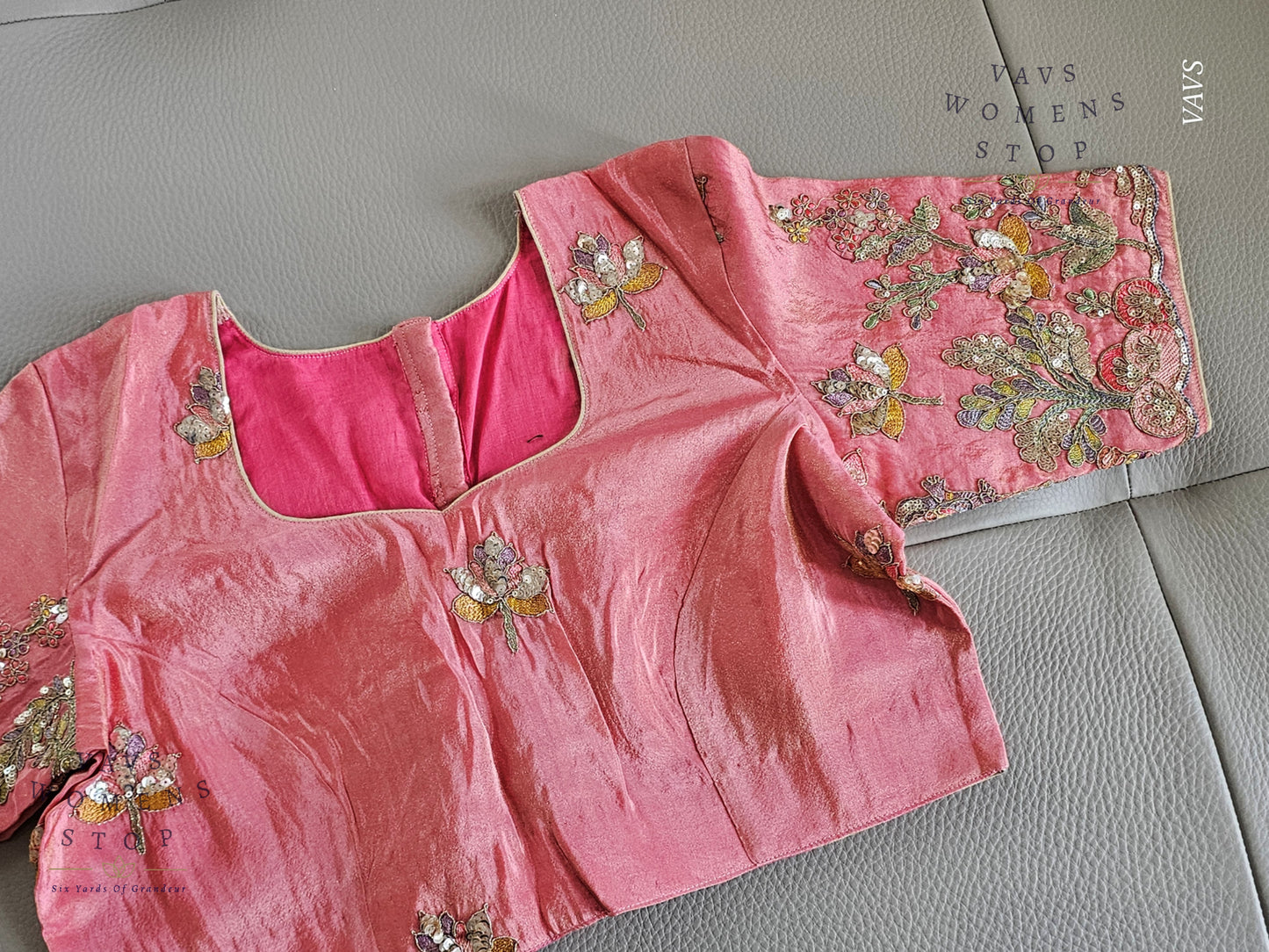Exclusive Designer Pink Shade Blouse with Sequins & Peacock Sleeve Embroidery