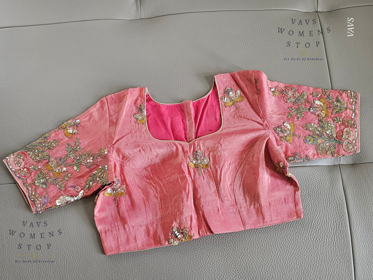Exclusive Designer Pink Shade Blouse with Sequins & Peacock Sleeve Embroidery