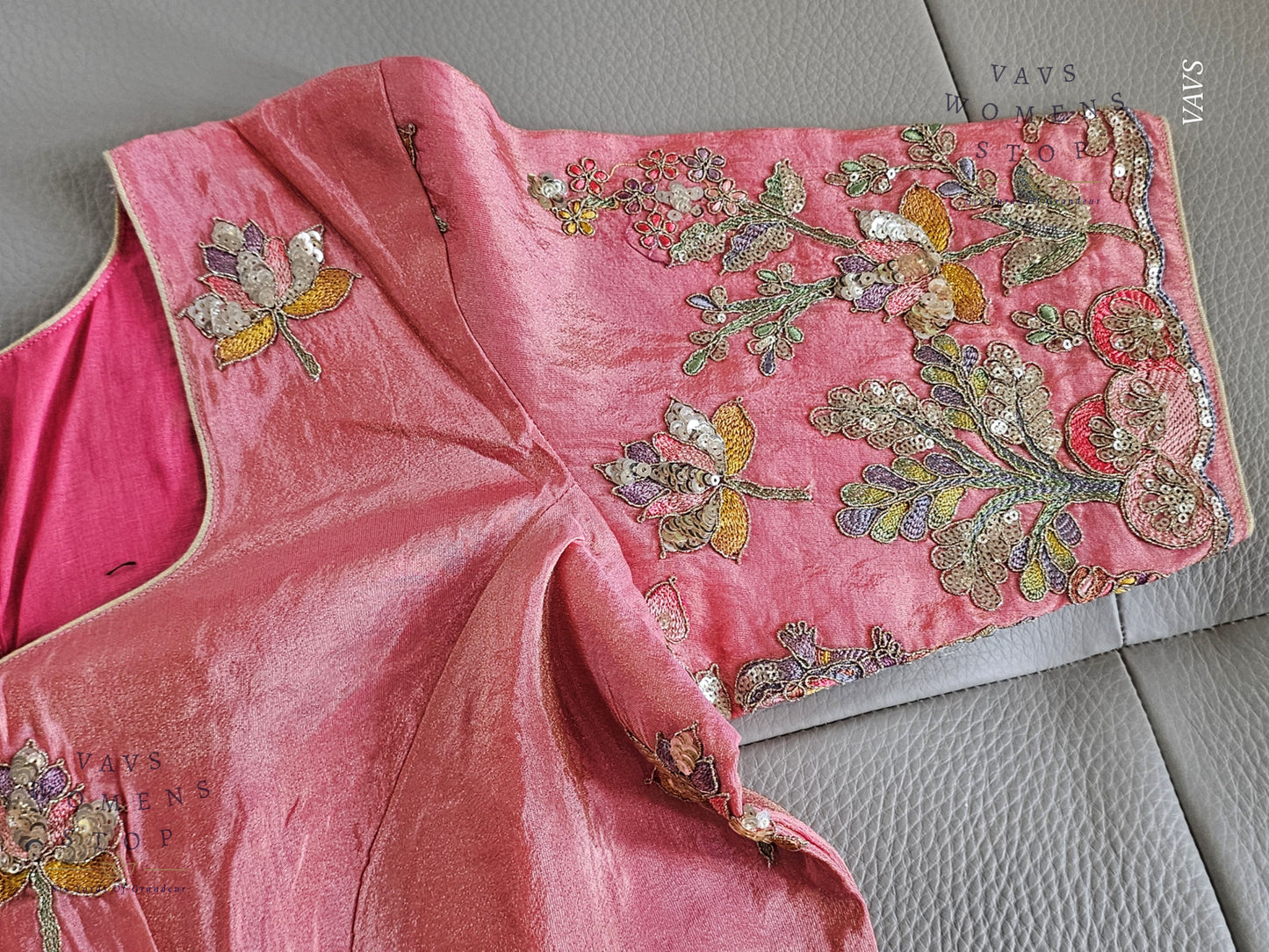 Exclusive Designer Pink Shade Blouse with Sequins & Peacock Sleeve Embroidery