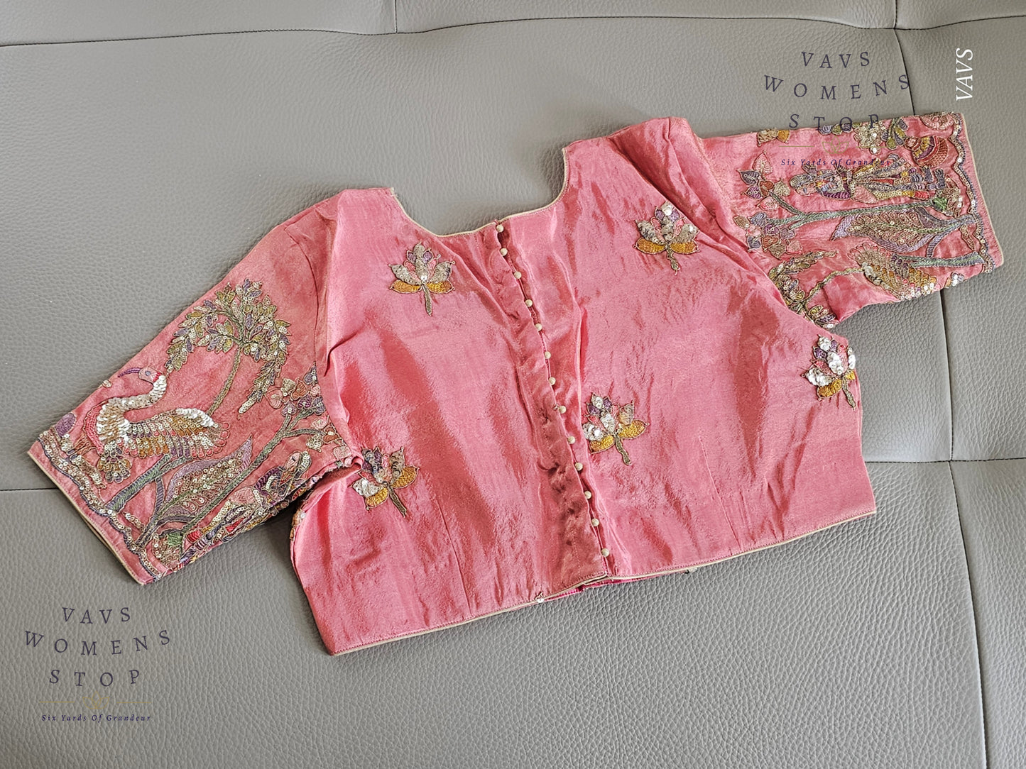 Exclusive Designer Pink Shade Blouse with Sequins & Peacock Sleeve Embroidery