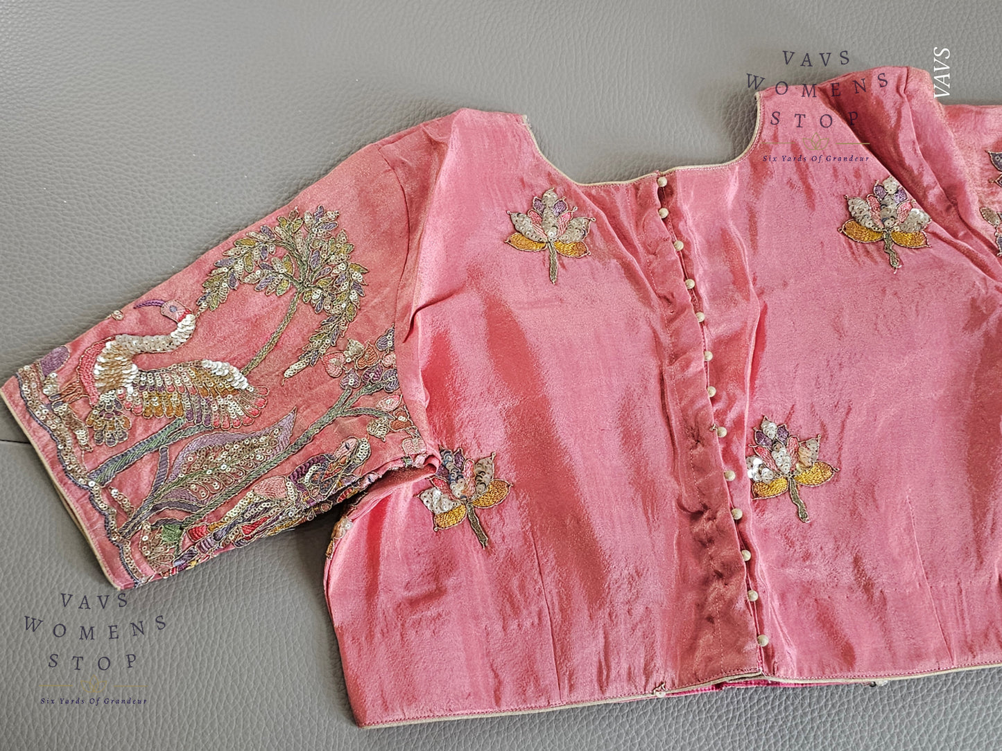 Exclusive Designer Pink Shade Blouse with Sequins & Peacock Sleeve Embroidery