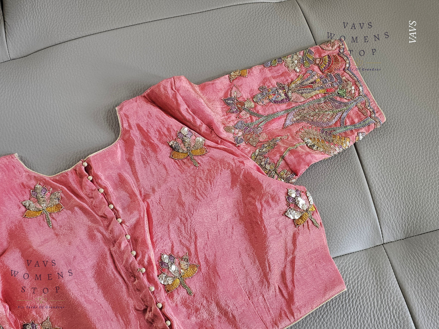 Exclusive Designer Pink Shade Blouse with Sequins & Peacock Sleeve Embroidery