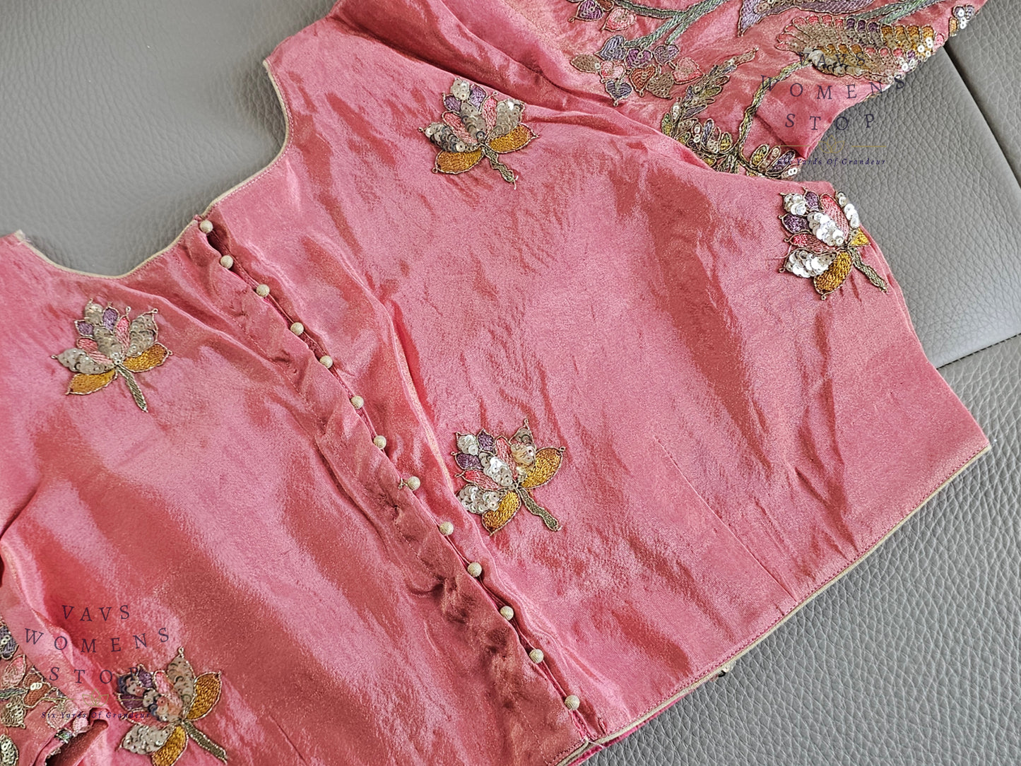 Exclusive Designer Pink Shade Blouse with Sequins & Peacock Sleeve Embroidery