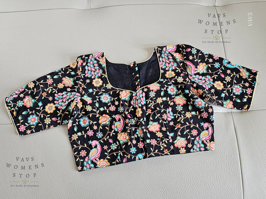 Classy Black Shade Crepe Silk Kalamkari Print Blouse with Outline Machine Embroidery