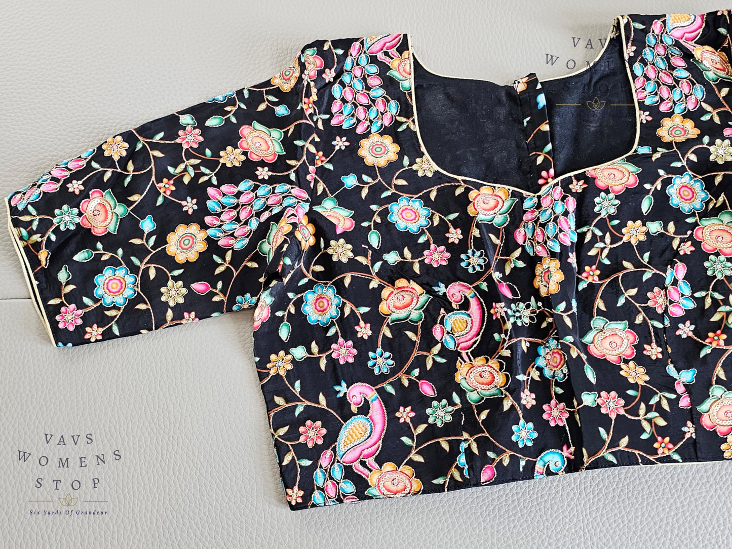 Classy Black Shade Crepe Silk Kalamkari Print Blouse with Outline Machine Embroidery