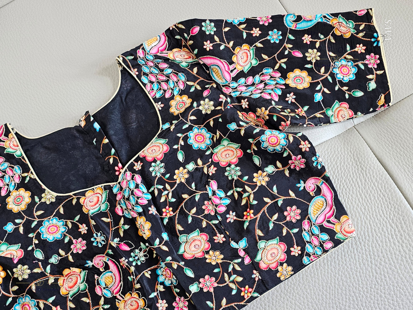 Classy Black Shade Crepe Silk Kalamkari Print Blouse with Outline Machine Embroidery