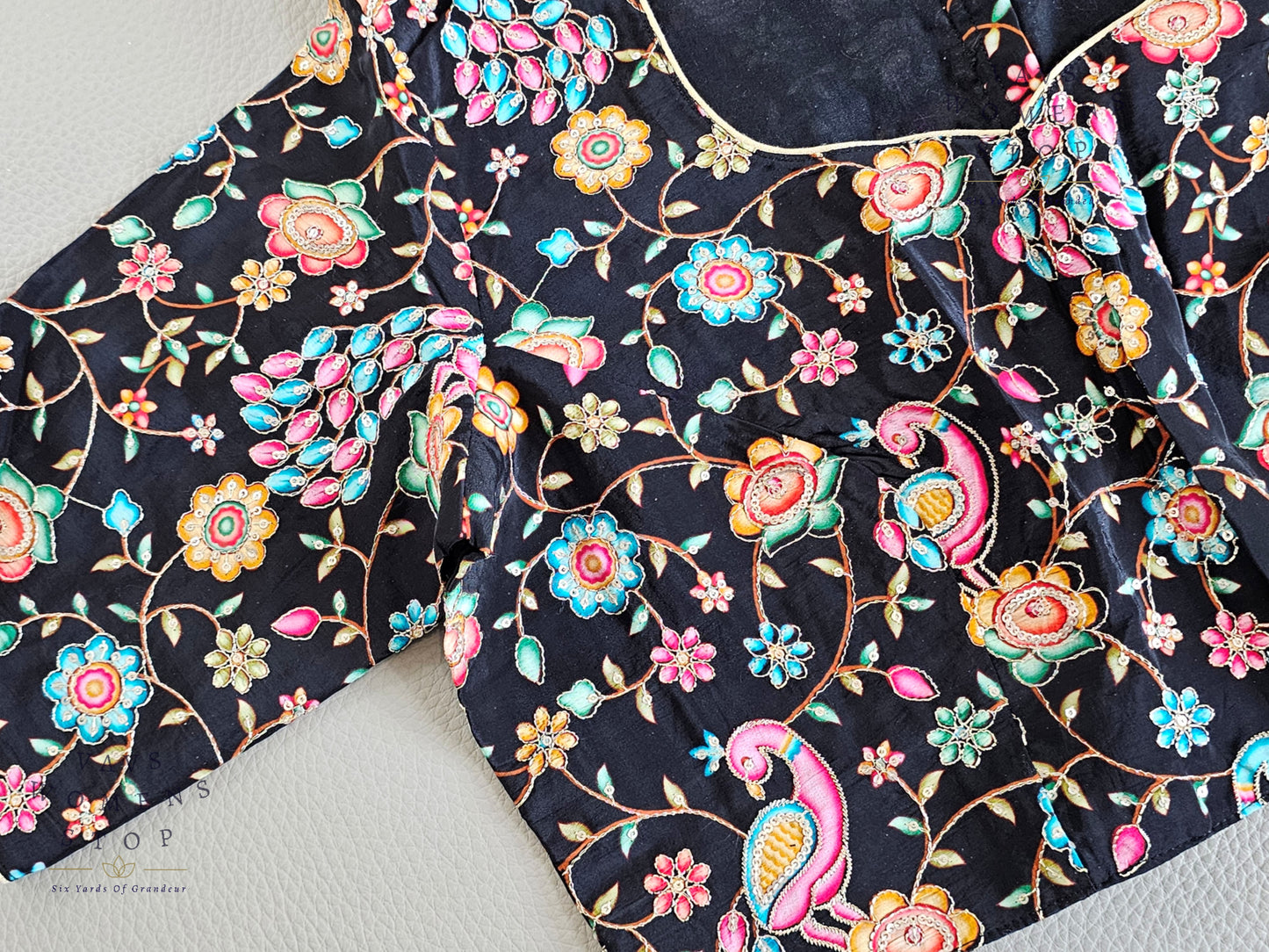 Classy Black Shade Crepe Silk Kalamkari Print Blouse with Outline Machine Embroidery