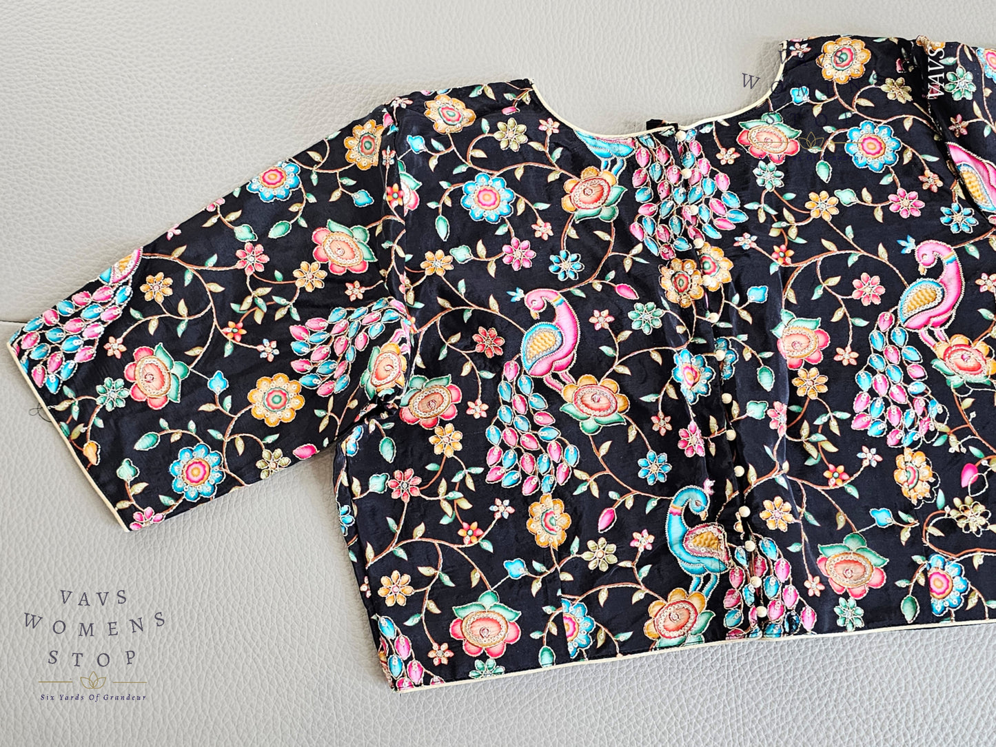 Classy Black Shade Crepe Silk Kalamkari Print Blouse with Outline Machine Embroidery