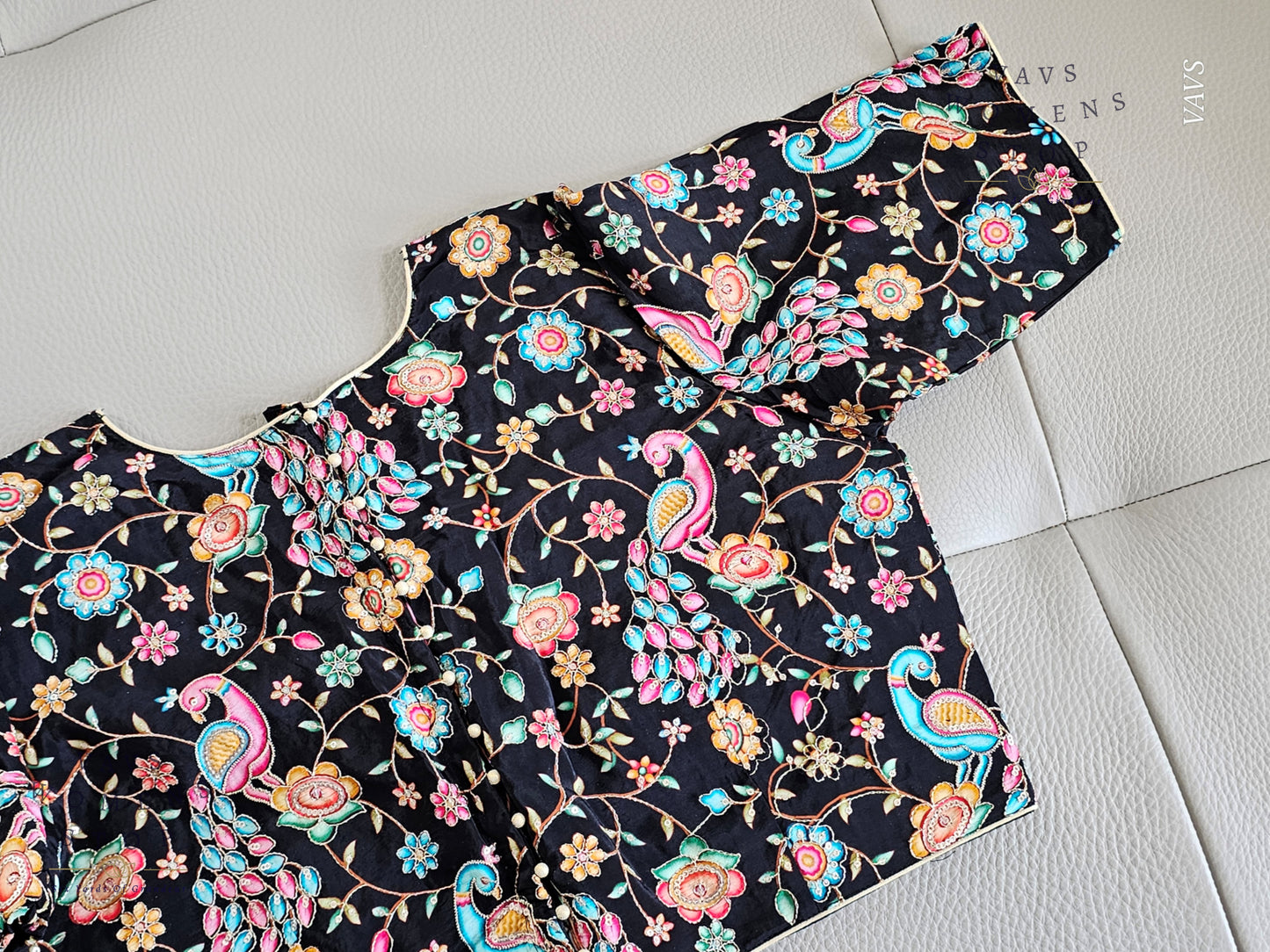 Classy Black Shade Crepe Silk Kalamkari Print Blouse with Outline Machine Embroidery