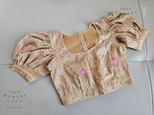 Beige Crushed Silk Puff Sleeves Embroidered Blouse