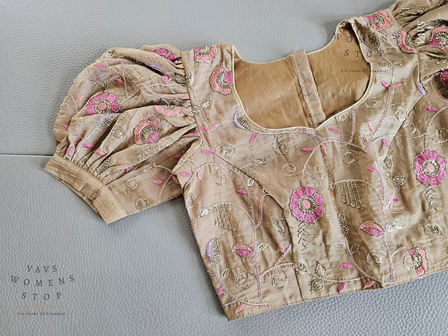 Beige Crushed Silk Puff Sleeves Embroidered Blouse