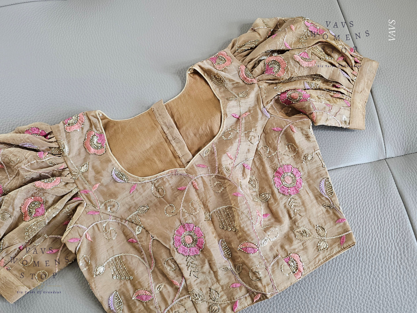 Beige Crushed Silk Puff Sleeves Embroidered Blouse