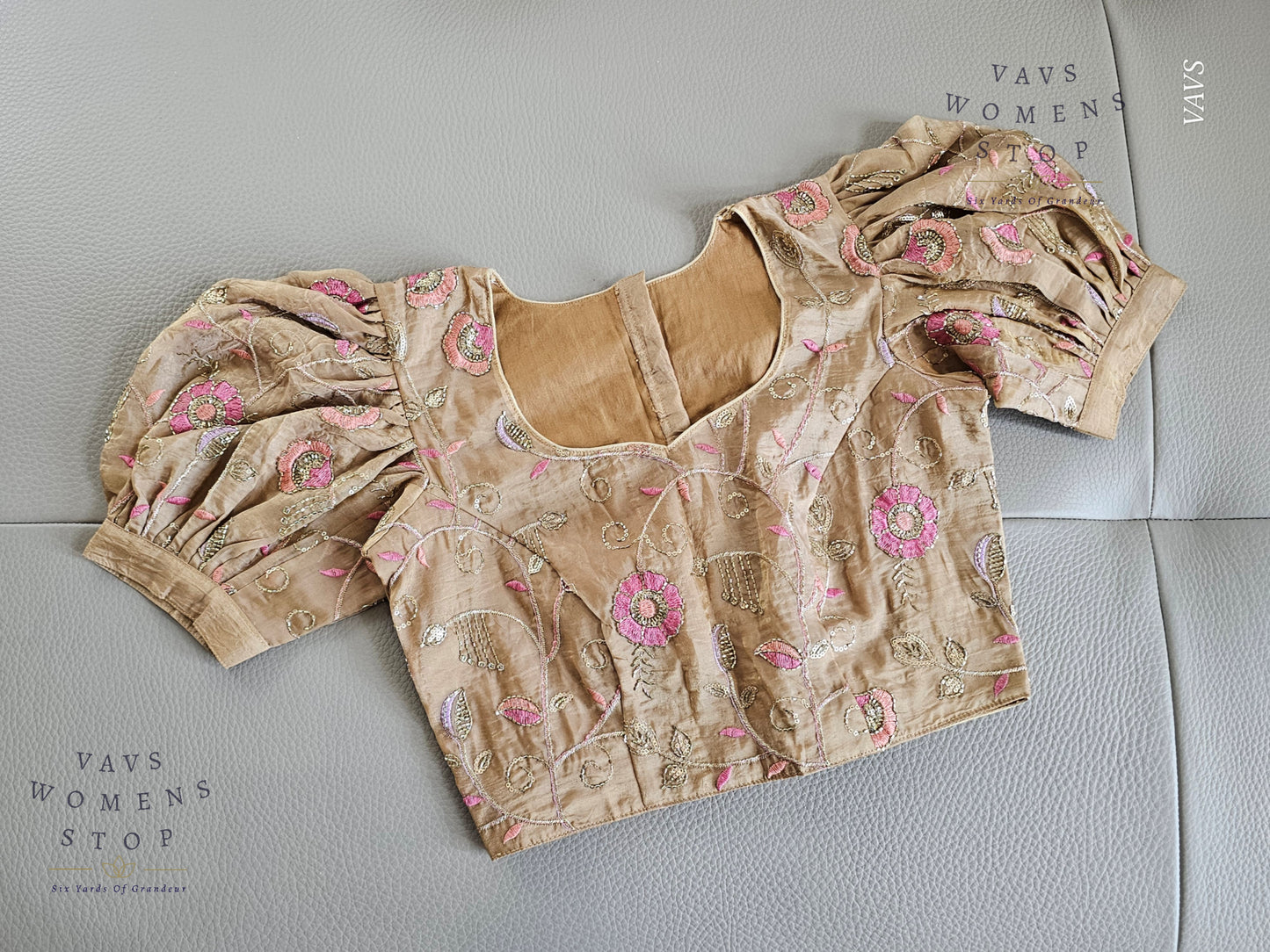 Beige Crushed Silk Puff Sleeves Embroidered Blouse