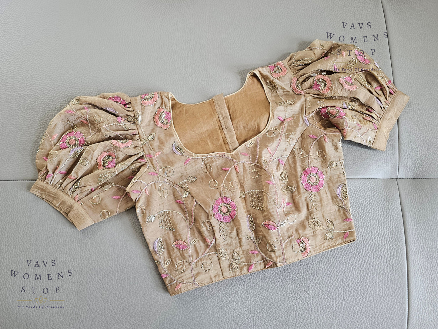 Beige Crushed Silk Puff Sleeves Embroidered Blouse