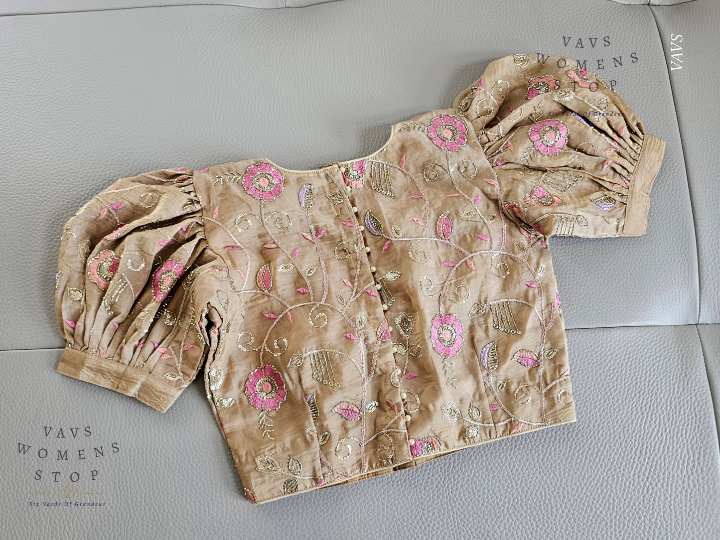 Beige Crushed Silk Puff Sleeves Embroidered Blouse