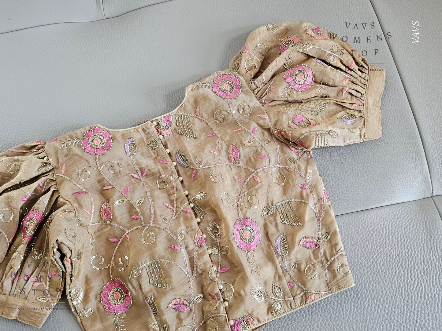 Beige Crushed Silk Puff Sleeves Embroidered Blouse