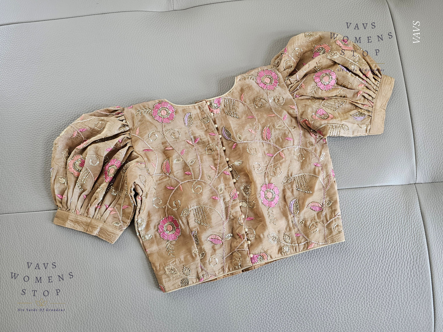 Beige Crushed Silk Puff Sleeves Embroidered Blouse