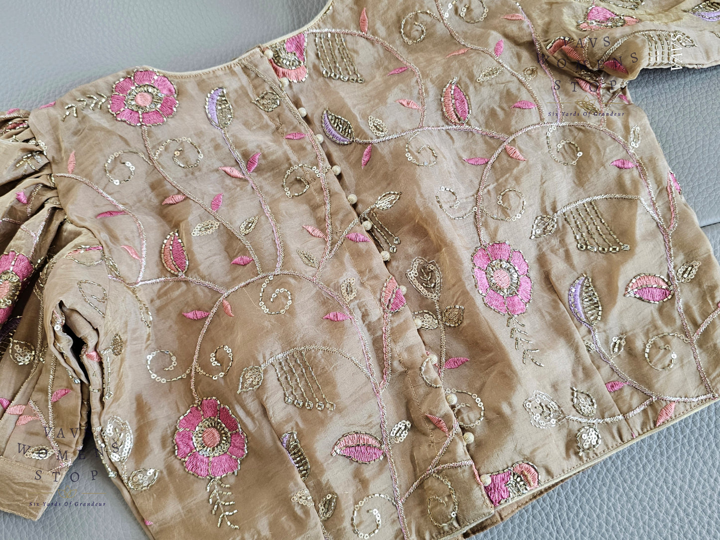 Beige Crushed Silk Puff Sleeves Embroidered Blouse