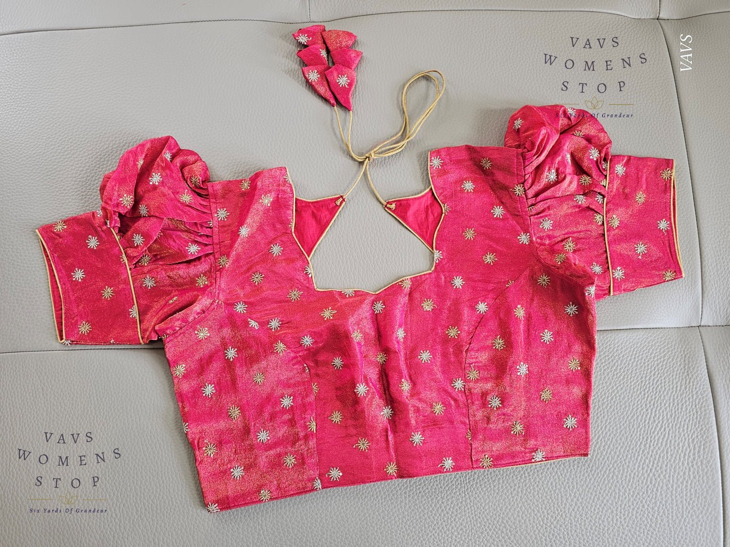 Pink Tissue Blouse with Puff Sleeves & Star Butta Design | Size 40–46 | VAVS Women’s Stop