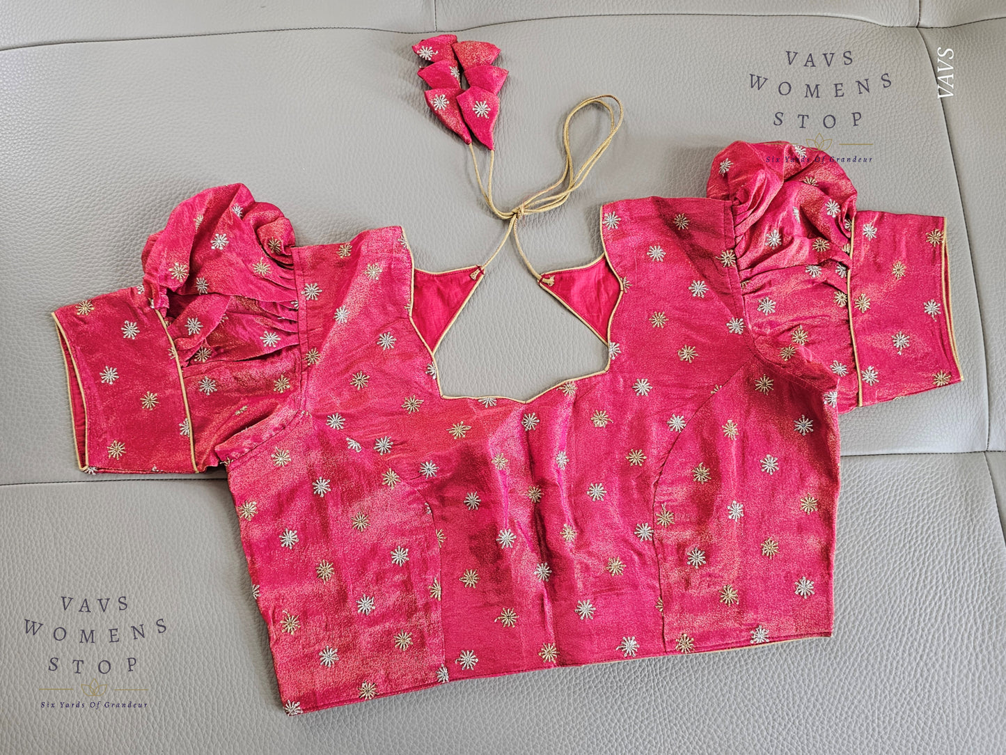 Pink Tissue Blouse with Puff Sleeves & Star Butta Design | Size 40–46 | VAVS Women’s Stop