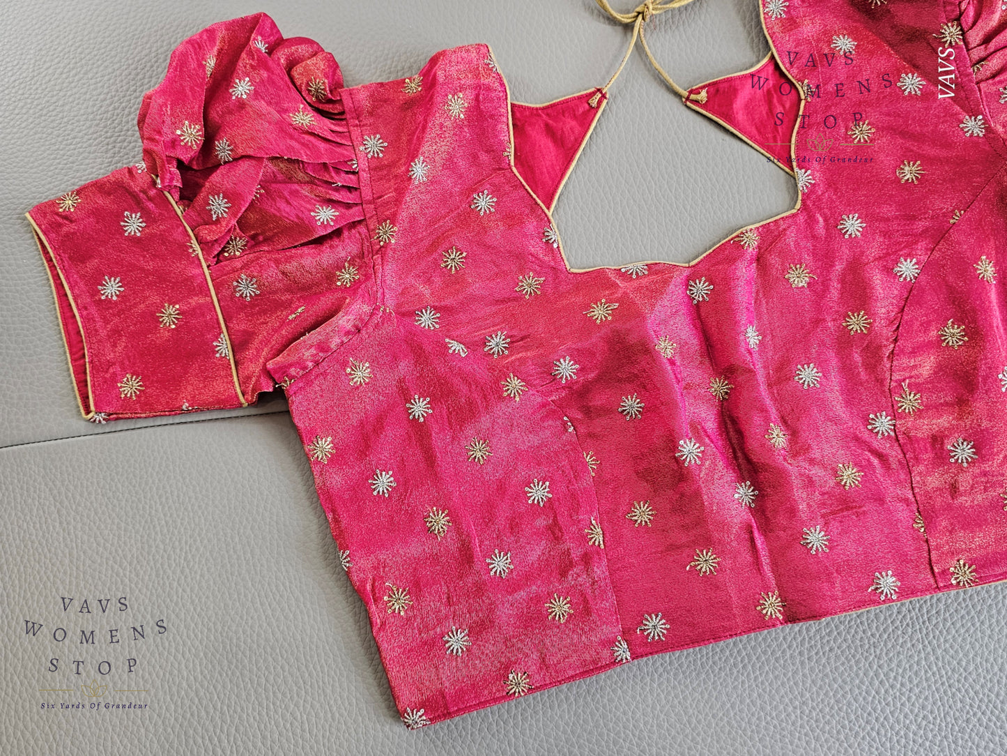 Pink Tissue Blouse with Puff Sleeves & Star Butta Design | Size 40–46 | VAVS Women’s Stop