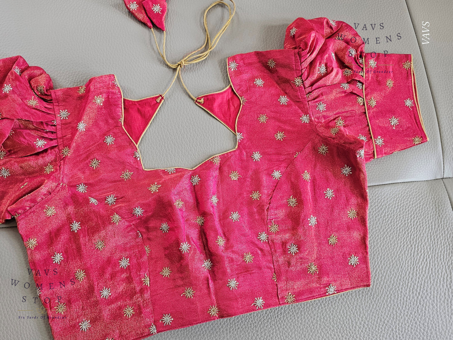 Pink Tissue Blouse with Puff Sleeves & Star Butta Design | Size 40–46 | VAVS Women’s Stop