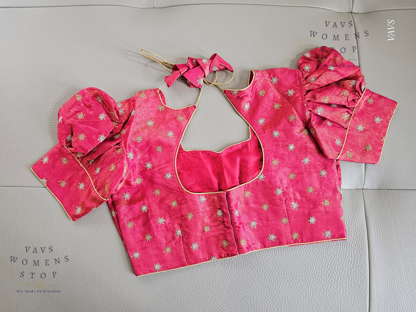 Pink Tissue Blouse with Puff Sleeves & Star Butta Design | Size 40–46 | VAVS Women’s Stop