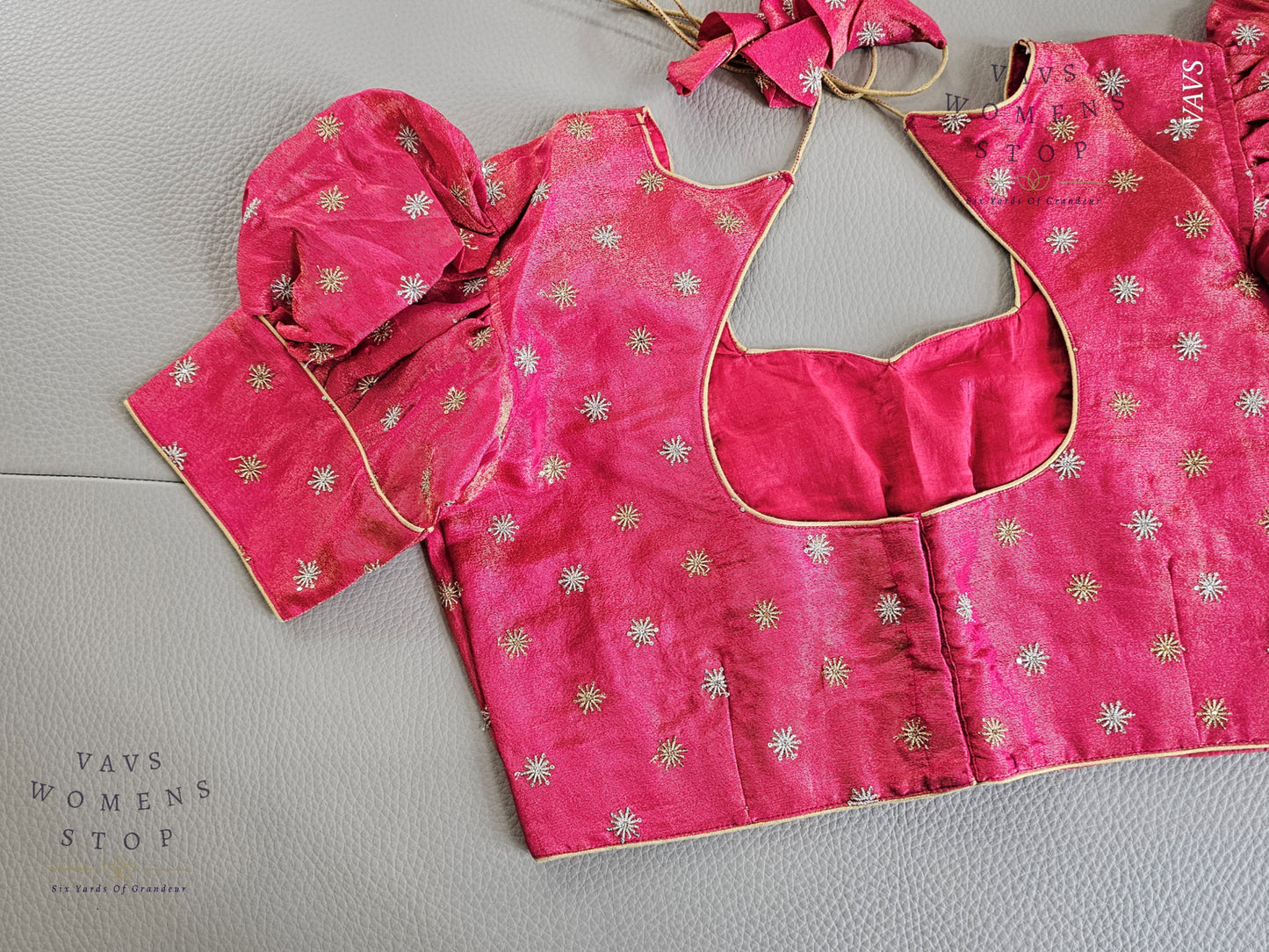 Pink Tissue Blouse with Puff Sleeves & Star Butta Design | Size 40–46 | VAVS Women’s Stop